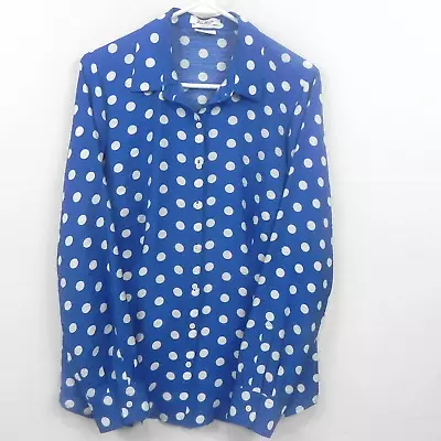 Van Heusen Womens Shirt Large Classic Blue White Polka Dot Button Up Long Sleeve • £11.97