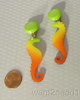 Marie Christine PAVONE SEAHORSE EARRINGS Dangly Clip France Handmade Galalith • $119