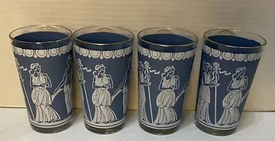 4 Vtg Wedgwood Blue White Drinking Glasses 10 Oz Jeanette Roman Greek Women • $18.90