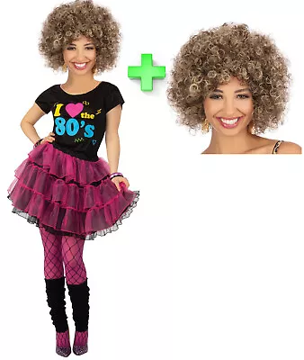 Ladies Womens Love 80s Madonna T-Shirt Skirt Fancy Dress Costume + AFRO BIG WIG • £21.98