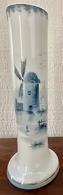 VTG Blue Delft Milk-glass Vase Hand-painted Bottom Flared Windmill Scene Tall • $20