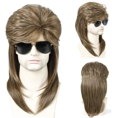 Men's Wig Rock Nightclub Wig Men's Wig Brown Long Curly Hair Wig+Wig Cap • £20.39