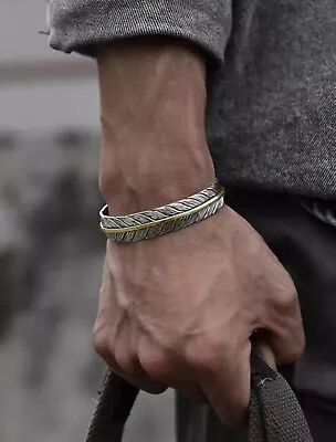 Men's Fashion Jewelry Silver Feather Adjustable Bangle Cuff Bracelet 1-268 • $11.20