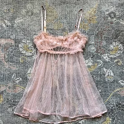 Vintage Y2K Victoria's Secret Chemise Milkmaid Slip Babydoll Pink Sheer Lace 34B • $34.99