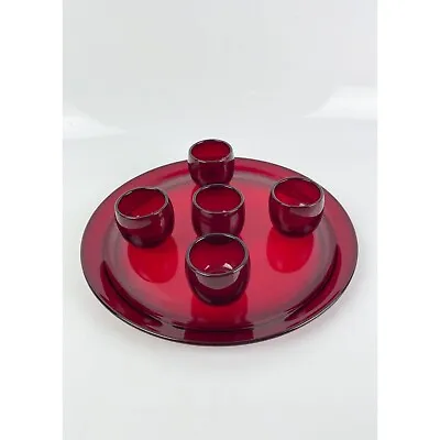 Ruby Cherry Red Set Of Five Vintage Cordial Shot Glasses Glass Plate • $25