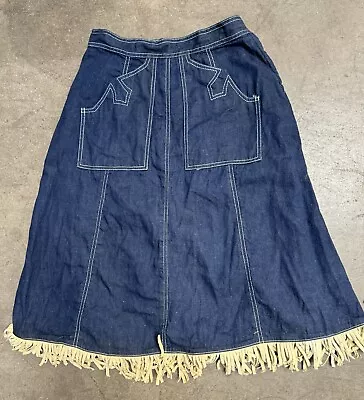 Vintage 1960s Western Wear Fringe Denim Skirt  • $20