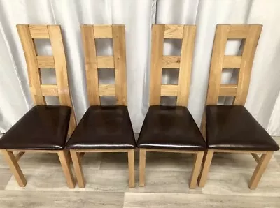 Oak Furniture Land 4 X Solid Oak Dining Chairs Leather Seat 100% Oak Stunning! • £332