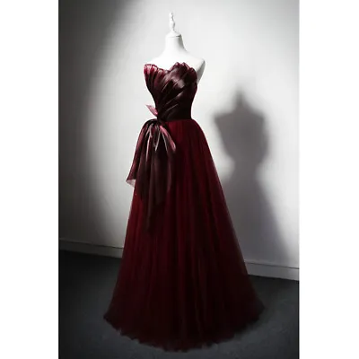 Vintage Evening Dress Dark Red Pleat Bow Ribbon Strapless A-Line Tulle Gowns • $125.50