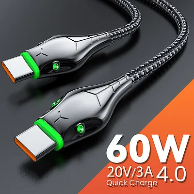 Type C To Type-C Cable PD 60W Fast Charger Braided Long USB Lead LED For Samsung • £2.98