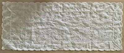 Vintage Tablecloth Scalloped Embroidery Doilies Napkins Cream Ivory  32”x13” EUC • $9.90