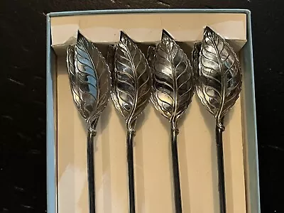 Tiffany & Co Sterling Silver Leaf Mint Julep Iced Tea Spoons Straws Box Set 4 • $450