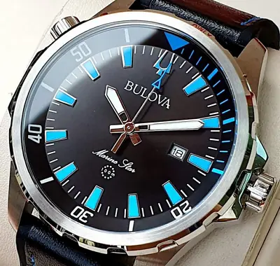 Bulova Marine Star 96B337 Black Dial Leather Silicone Strap Men's Watch • $199.99