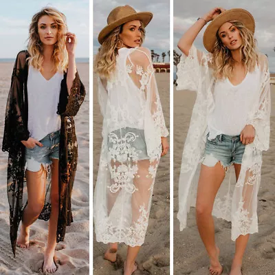 Women Chiffon Lace Kimono Cover Up Boho Beach Long Plus Size Sunscreen Coat AU • $35