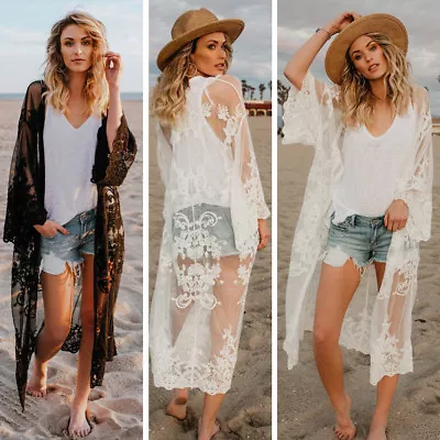 Women Chiffon Lace Kimono Cover Up Boho Beach Long Plus Size Sunscreen Coat⚡ • $28.91
