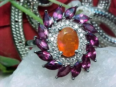 🔥 NATURAL MEXICAN FIRE OPAL RING AAA++ 8x6mm & RHODOLITE & WHITE SAPP 925 SS • $42.99