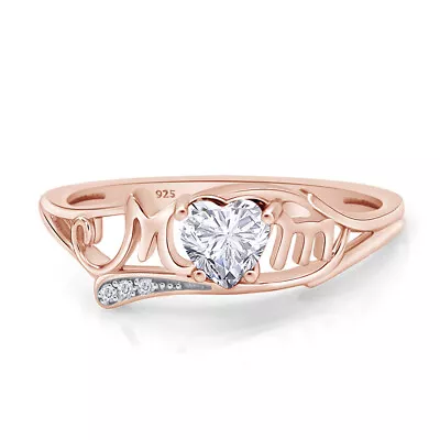 Mom Heart Ring Simulated Diamond 14K Rose Gold Plated 925 Sterling Silver • $49.39