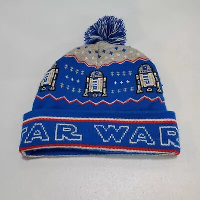 Star Wars Men Hat One Size Blue Beanie R2-D2 Logo Pom Pom Knit Cuffed Acrylic • $17.97