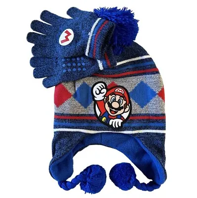 Super Mario Brothers Kids Boys Winter Laplander Beanie Hat Gloves Set Gift Toy • $15.99