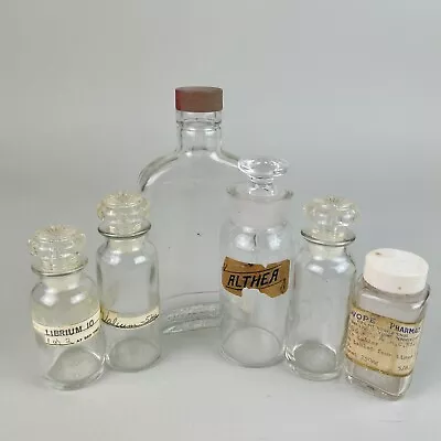 Lot Of 6 Antique Apothecary Pharmacy Medicine Glass Bottles Jars Label & Stopper • $39.90