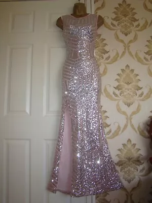 QUIZ Silver Pink Sequin Maxi Dress Size 8 Evening Wedding Ball Cruise Prom Party • £29.99