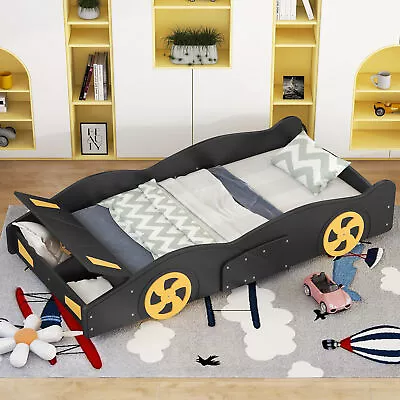 Twin Size Race Car-Shaped Platform Bed With Wheels And Storage Black+Yellow • $279.25