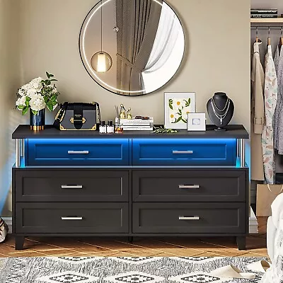 6 Drawer Dresser With Led Light Chests Of Drawers With Column Design Modern • $189.97