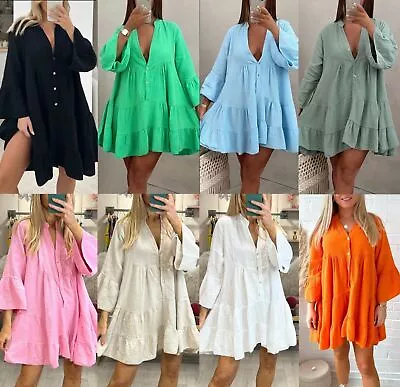 Women Ladies Cheesecloth V-Neck Frill Layered Tiered Summer Smock Mini Dress • £27.99