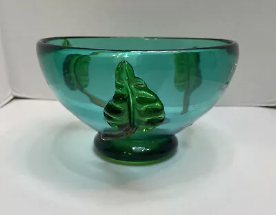 Viz Glass Art Bowl Studio Green Bowl With Applied Leaves 7 1/2  Diameter • $39.99