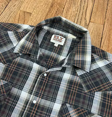 Vintage Ely Cattleman Pearl Snap Western Shirt Black Plaid Short Sleeve Sz XL • $20