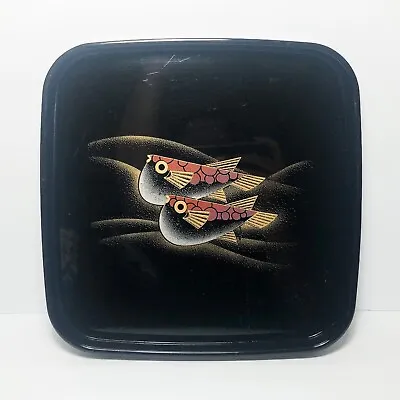 Vintage Rounded Square Lacquer Tray Black Gold Fish Japan • $19.99