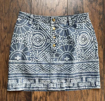 Free People School Daze Denim Jean Tribal Print Button Front Mini Skirt Size 6 • $28