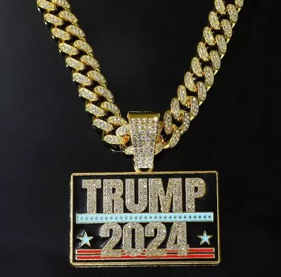 TRUMP 2024 Pendant 20  Iced Cuban Cubic Zirconia Chain Hip Hop Necklace Jewelry • $26.99