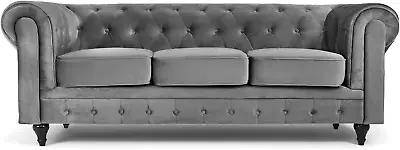 Velvet Chesterfield Sofa- Grey. 3 Seater Settee Soft Plush Fabric Couch. Living • £576.60