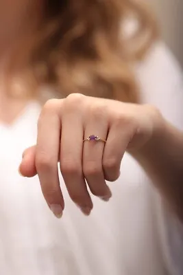 Oval Cut Natural Amethyst 14K Yellow Gold Plated On Silver Dainty Cocktail Ring • $89.99