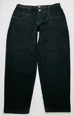 P514 Vtg 90s USA Guess 075 PASCAL Black Baggy Jeans Tag Sz 38 (Measures 35x30 ) • $54.96