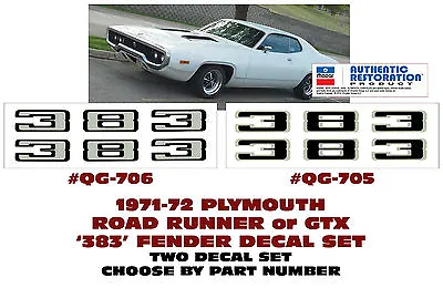 $24.35 • Buy GE-QG-705 706 1971-72 PLYMOUTH - ROAD RUNNER Or GTX - 383 FENDER DECAL SET