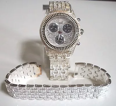 Men's Bling Silver Finish Fashion Dressy Casual Watch & Bracelet Set • $34.99