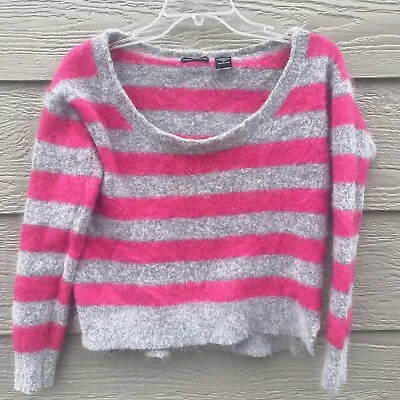 Moda International S/M Rabbit Hair Wool Sweater Pink Grey Striped Casual Soft • $16