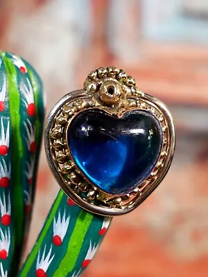 Ring Blue Glass Valentine Handmade Brass & Tin Adjustable Sz Mexican Folk Art • $26