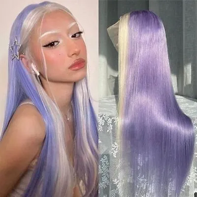 Women Long Straight Purple Highlight Blonde Sliveer Lace Front Wig Costumes Wigs • $49.99