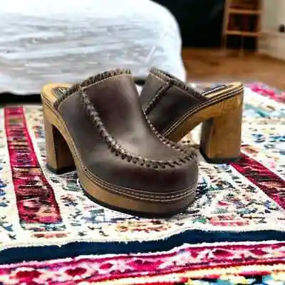 Candies Wood Platform Shoes Size 8 1/2 Clogs Vintage Brown Made Brazil Leather • $106.24