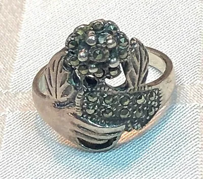 Vintage Abstract Sterling Silver Flower Leaf Ring Marcasite Artisan Hand Size 8 • $24.95