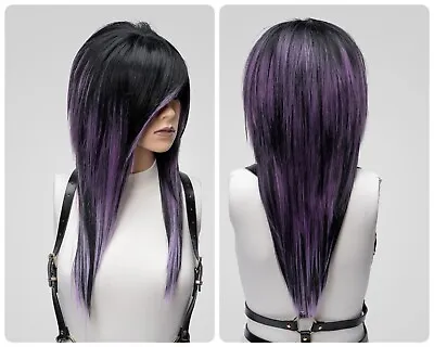 Black Purple Long Mullet EMO Wigs Bangs Ombre Full Density Trendy Styled Unisex • $186.77