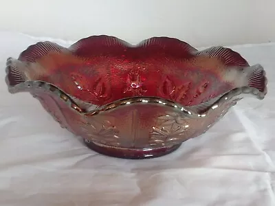 L.G. Wright BOWL Wild Rose?  Carnival Glass Serving ~ Orange Red  Vintage • $27.99