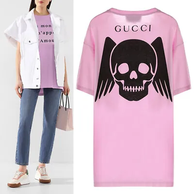 $657.02 • Buy XS NEW $690 GUCCI Lilac Pink BLACK WINGED SKULL LOGO Oversize TEE T-SHIRT TOP
