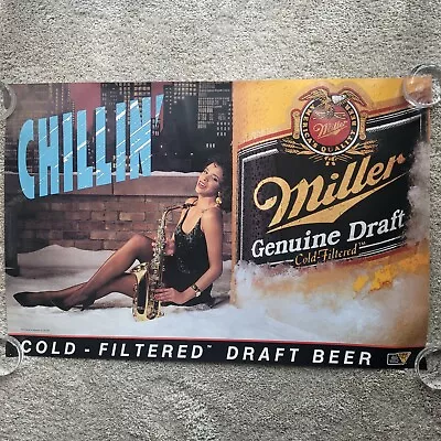 Vintage Beer Poster Miller Genuine Draft MGD Chillin Babe Saxophone Man Cave Art • $13.49