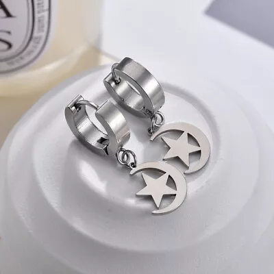 $0.40 • Buy Men's Silver Star Moon Non Allergic Ear Buckle Punk Stainless Steel Earring H02 