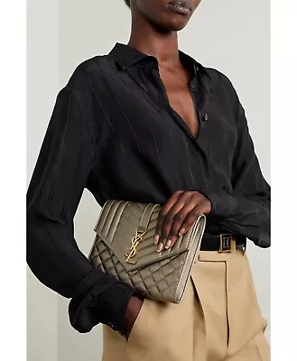 SAINT LAURENT Envelope Bronze Brown Quilted Textured Leather Pouch Clutch • $1220.08