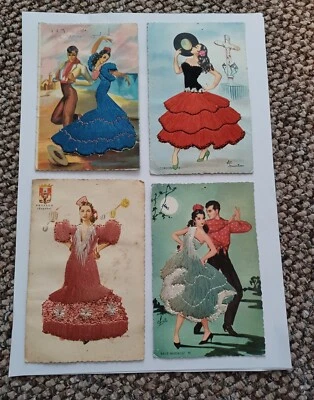 £12.99 • Buy Vintage Spanish Flamenco Silk Embelished Post Cards X 4