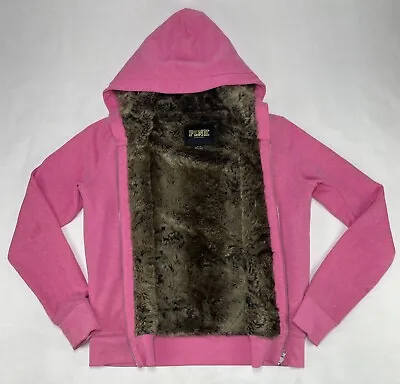 RARE~PINK Victoria Secret MED Pink Hoodie Cheetah Faux Fur Lined Sequin Full Zip • $89.99